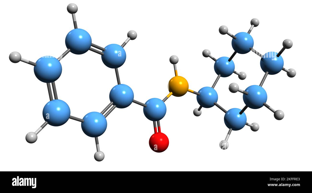 3D immagine della formula scheletrica di esametilenbenzammide - struttura chimica molecolare del repellente per insetti isolato su sfondo bianco Foto Stock