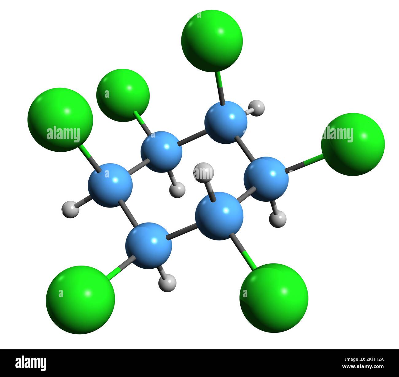3D immagine di formula scheletrica di Hexaclorocicloesano - struttura chimica molecolare di composto organico polialogenato isolato su sfondo bianco Foto Stock