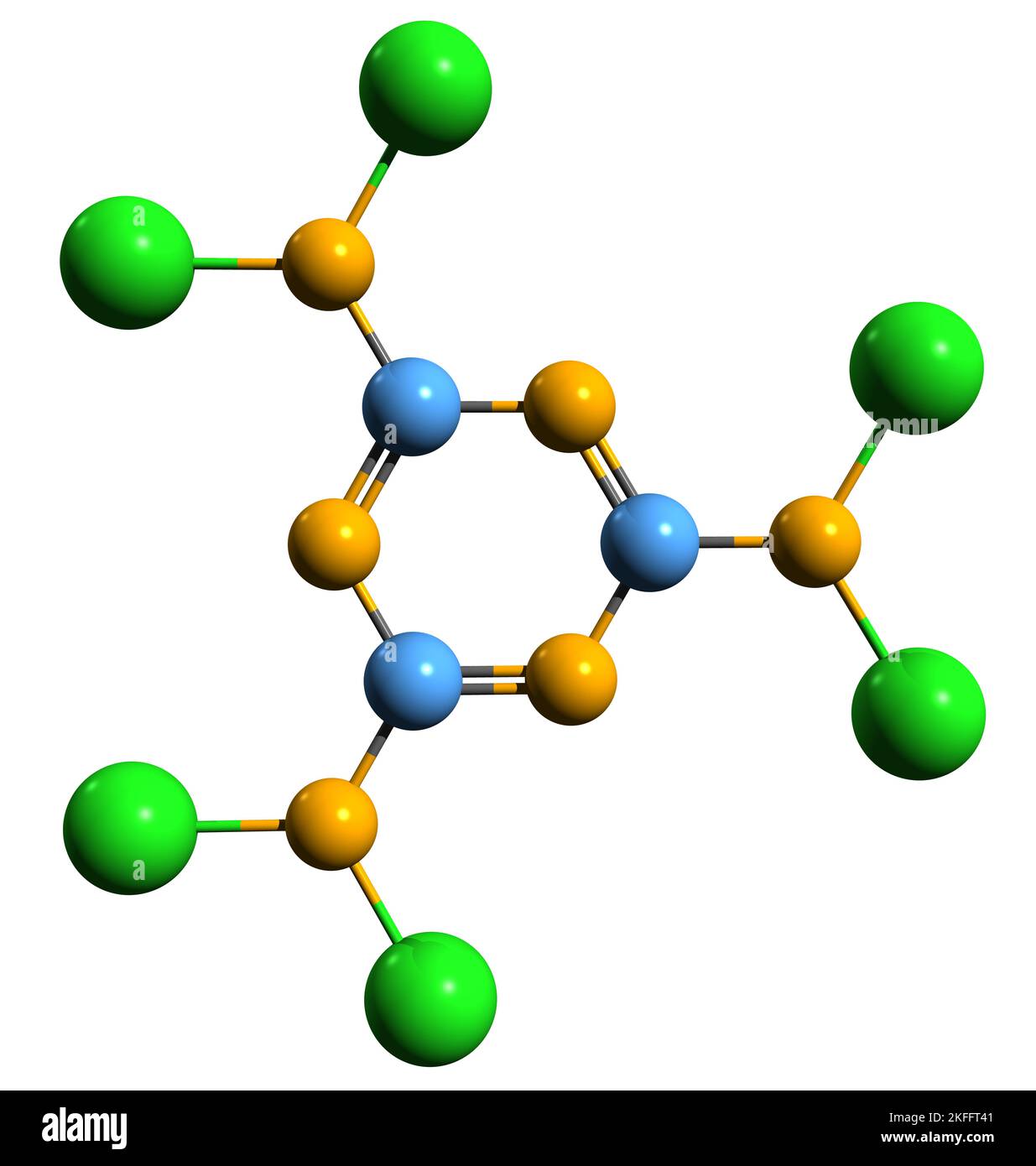3D immagine della formula scheletrica di Hexacloromelamina - struttura chimica molecolare di Hexacloromelamina isolata su sfondo bianco Foto Stock 3D immagine della formula scheletrica di Hexacloromelamina - struttura chimica molecolare di Hexacloromelamina isolata su sfondo bianco Foto Stock
