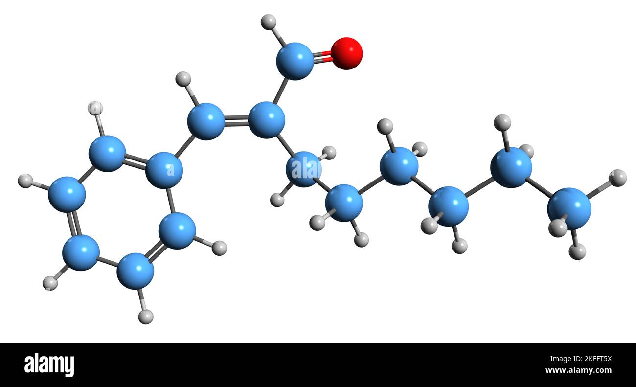 3D immagine di esil cinnamaldeide formula scheletrica - struttura chimica molecolare di sostanza aromatica esil cinnamale isolato su sfondo bianco Foto Stock