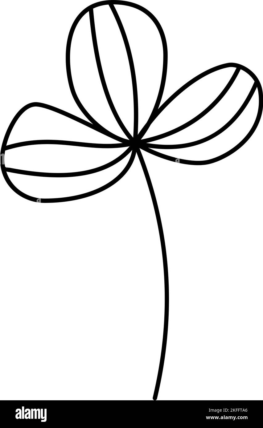 Doodle contorno tre foglie trifoglio isolato su sfondo bianco. Elemento grafico dell'illustrazione scandinavo. Immagine floreale estiva decorativa Illustrazione Vettoriale