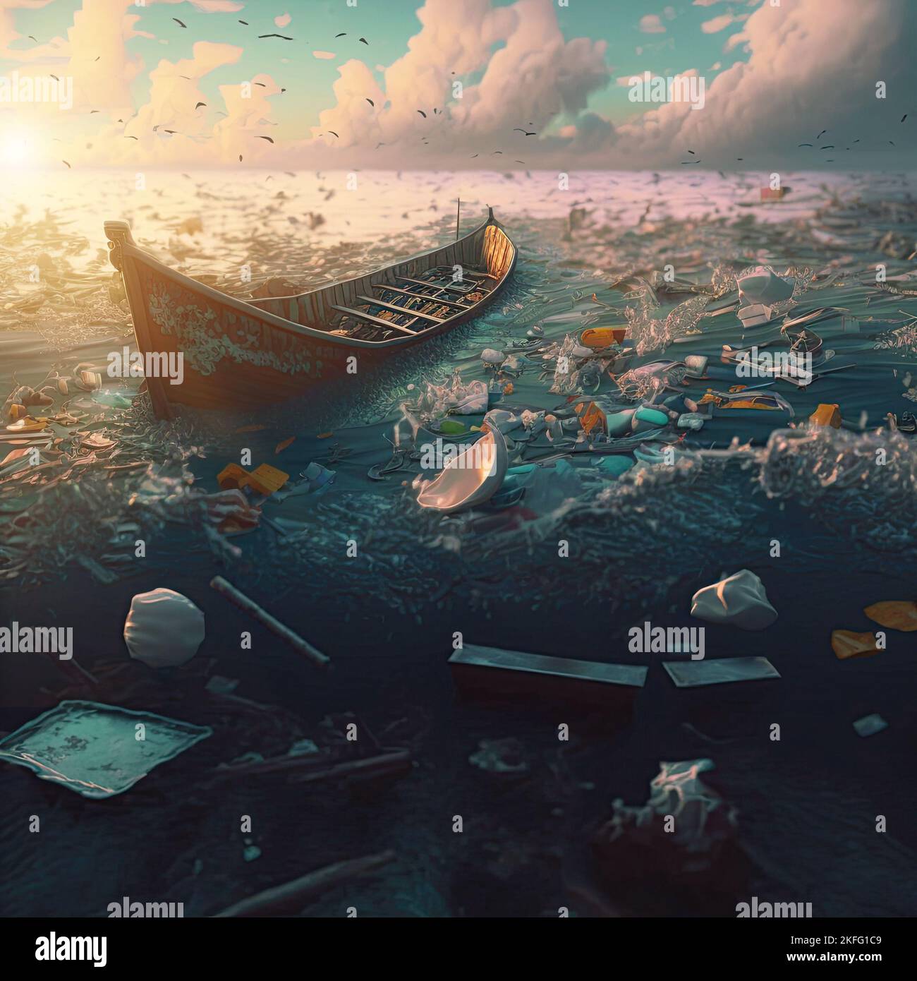 Vista sconvolgente della plastica e dei rifiuti che galleggiano nel mare e nell'oceano. Calamità ambientali causate dallo scarico di lattine di plastica, metallo leggero come lo stagno Foto Stock