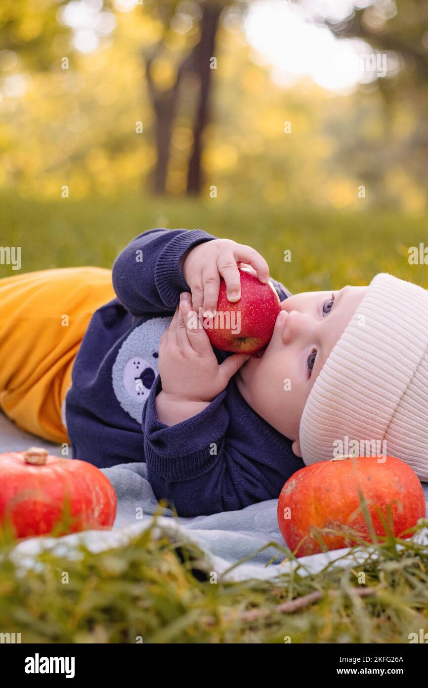 Ritratto di carino adorabile bambino sorridente seduto mangiare frutta di mela Foto Stock