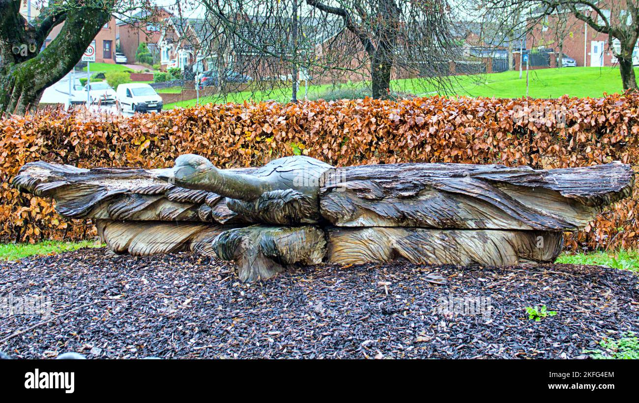 Glasgow, Scozia, Regno Unito 18th novembre 2022. Una statua in onore dei visitatori dei laghi ogni anno. L'influenza aviaria del lago di Hogganfield ha visto un abbattimento della popolazione locale che è un punto di alimentazione invernale per i cigni e le oche da cui la malattia importata come pochi uccelli er ed alcuni piuttosto sottomessi e disorientati continuano ad accaunt il lato del parcheggio nella speranza del cibo. Gli avvisi di guerra per l'influenza aviaria e per mantenere la vostra distanza dagli uccelli sono situati là. Credit Gerard Ferry/Alamy Live News Foto Stock