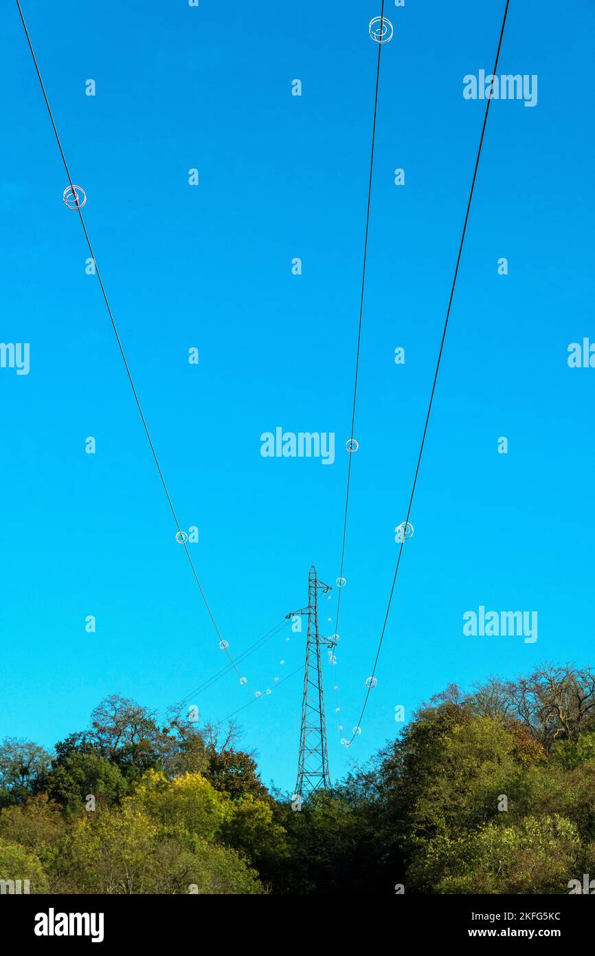 Linee ad alta tensione, dipartimento di Puy de Dome, Auvergne Rhone Alpes, Francia, Europa Foto Stock