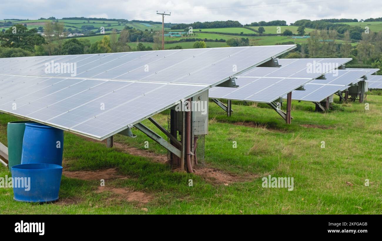 Linee di pannelli solari installati in una fattoria nel Devon orientale nel Regno Unito Foto Stock
