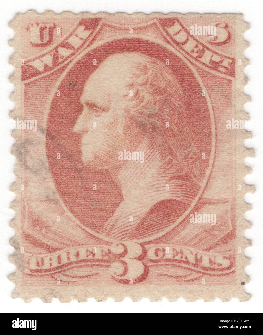 USA - 1879: Un francobollo ufficiale da 3 centesimi di rosso rosa raffigurante il ritratto di George Washington, primo presidente degli Stati Uniti. Sopra la cornice c'è un banner con l'iscrizione 'WAR Dept'. Essendo stato abolito il privilegio di affrancatura, a partire dal 1 luglio 1873, questi francobolli erano stati previsti per ciascuno dei servizi esecutivi del governo per il pagamento anticipato dell'affrancatura in materia ufficiale. I franchi di pena furono autorizzati per la prima volta nel 1877, e il loro uso ampliato dopo il 1879 riduceva la necessità di francobolli ufficiali, il cui uso fu infine abolito il 5 luglio 1884 Foto Stock
