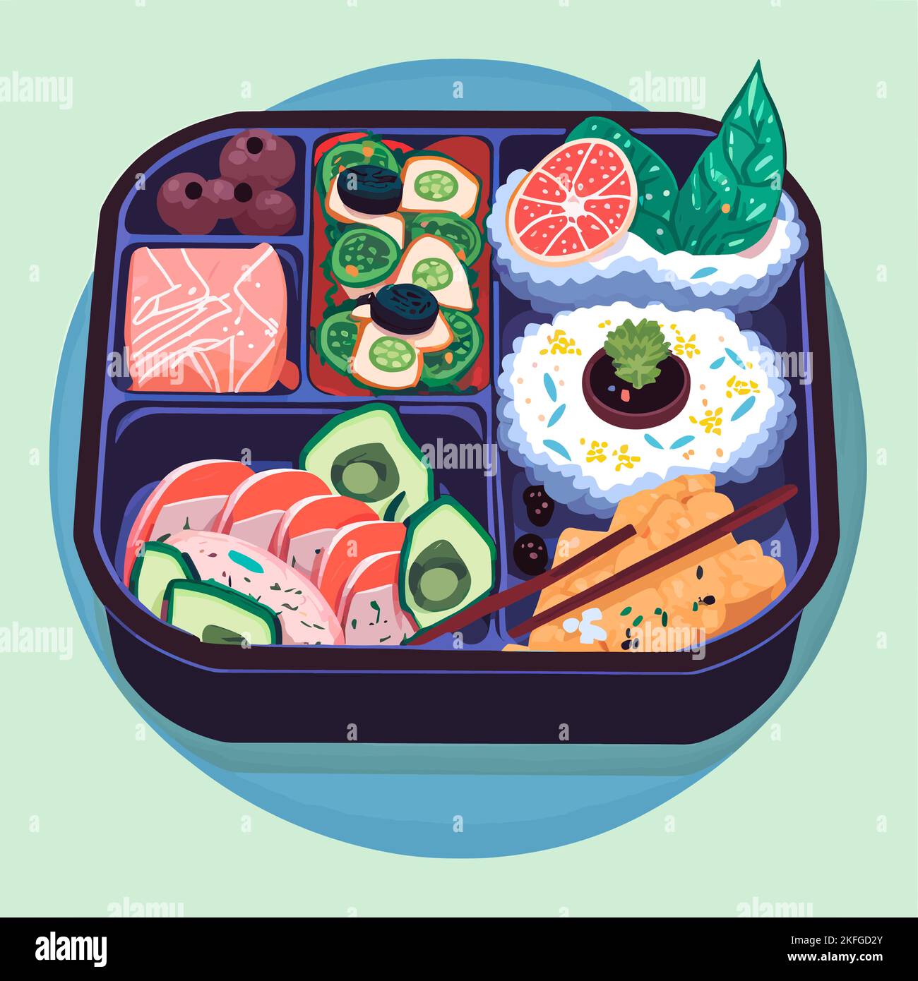 Illustrazione vettoriale di una scatola bento con riso e frutti di mare Illustrazione Vettoriale