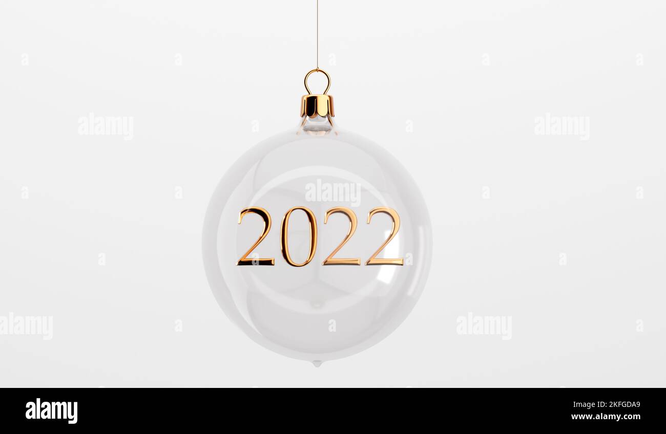 Vetro festivo natale appendere baubles. Con messaggio oro 2022. Rendering 3D Foto Stock