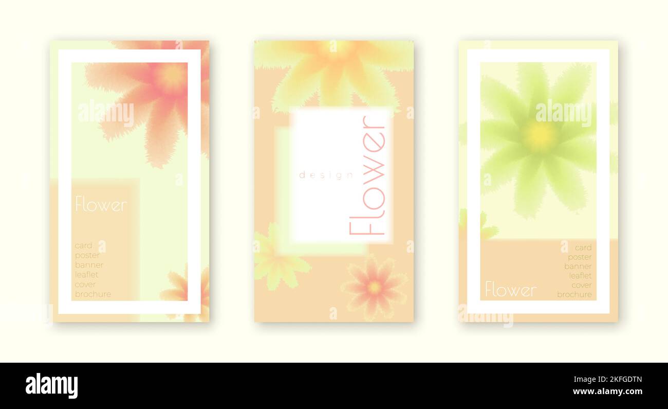 Eleganti e graziosi poster floreali per qualsiasi scopo. Colori delicati e delicati. I fiori con la struttura sono come reali. Rosso tenue, arancione, giallo, verde Illustrazione Vettoriale