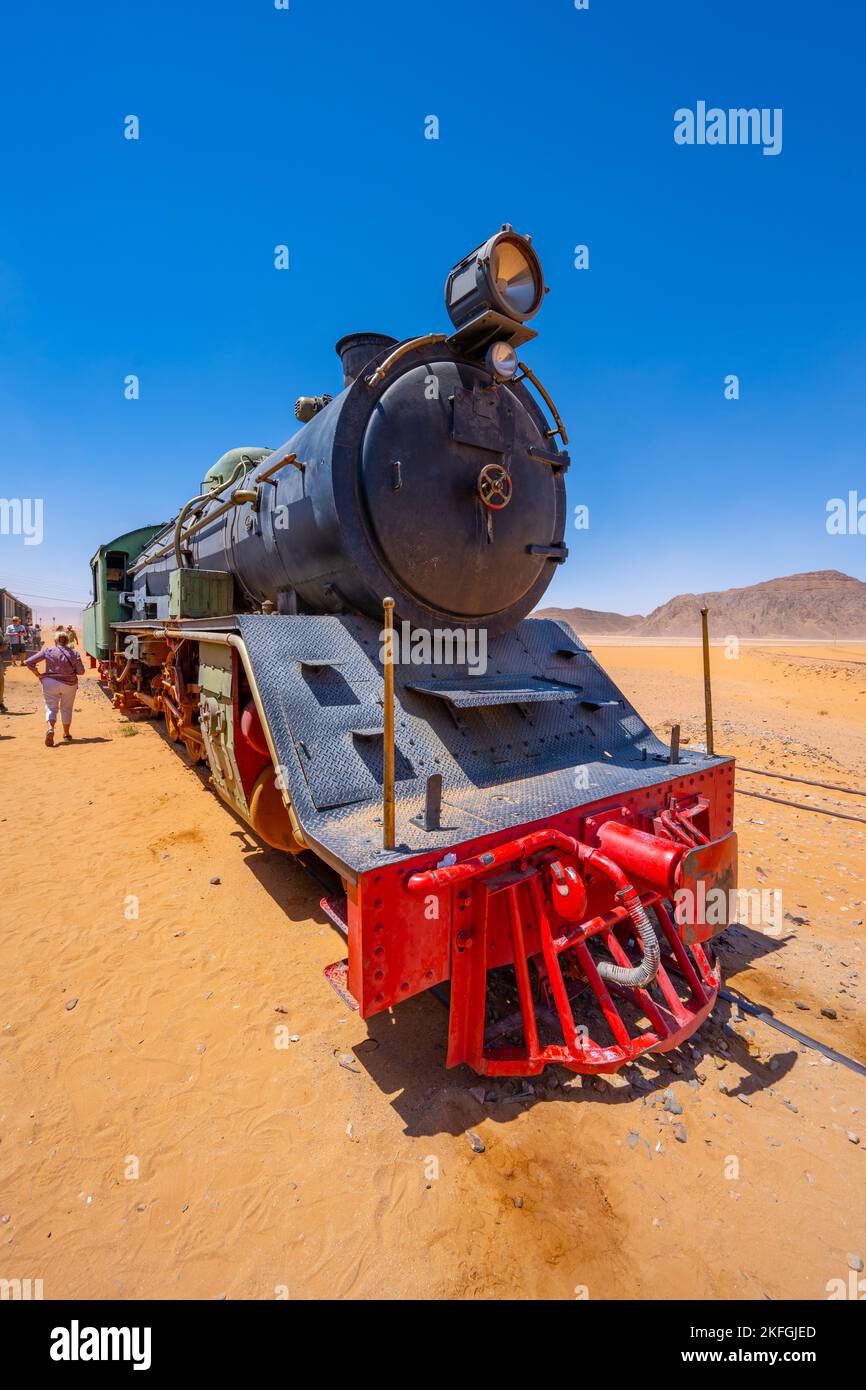 Treno ferroviario Hejaz alla stazione ferroviaria di Wadi Rum a Wadi Rum Giordania Foto Stock