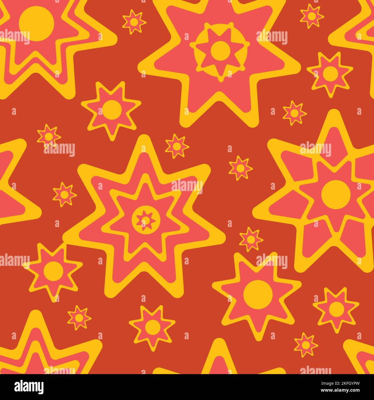 Stella gialla stilizzata su sfondo rosso. Natale e Capodanno modello senza cuciture. Illustrazione Vettoriale