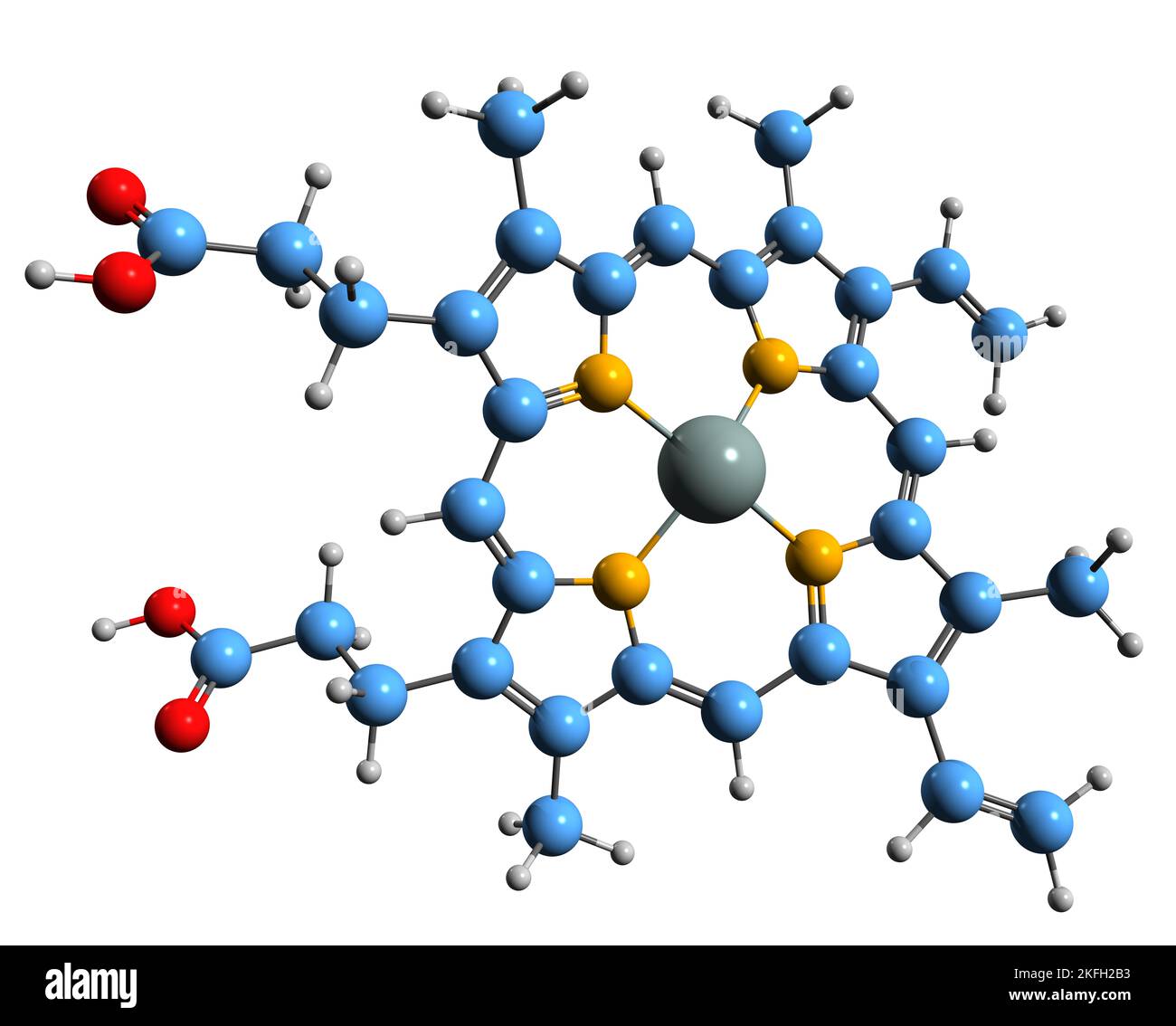 3D immagine della formula scheletrica dell'eme B - struttura chimica molecolare del protoema IX isolato su sfondo bianco Foto Stock