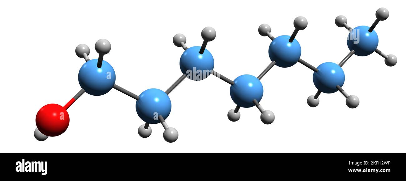 3D immagine della formula scheletrica dell'eptanolo - struttura chimica molecolare dell'alcol eptilico isolato su sfondo bianco Foto Stock