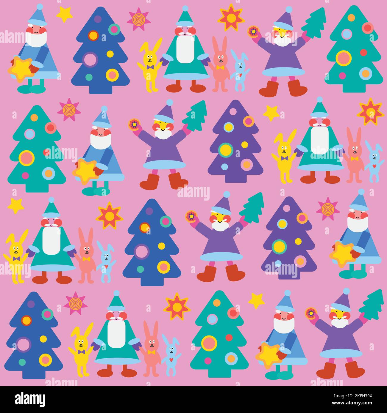 Santa, coniglietto e albero di Natale modello su sfondo rosa. Natale e Capodanno modello senza cuciture. Illustrazione Vettoriale