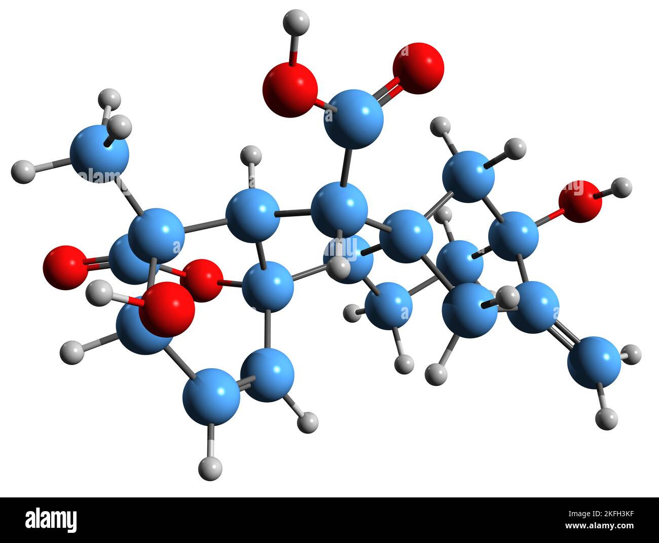 3D immagine della formula scheletrica dell'acido gibberellico - struttura chimica molecolare del fitoormone isolato su sfondo bianco Foto Stock