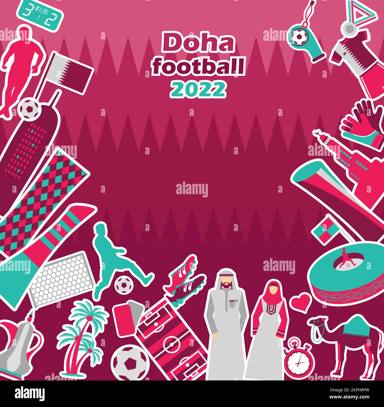 Competizione sportiva di calcio, Qatar icona set turistico. Doha sfondo a colori bandiera nazionale. Giornata nazionale. Calcio mediorientale. Illustrazione Vettoriale