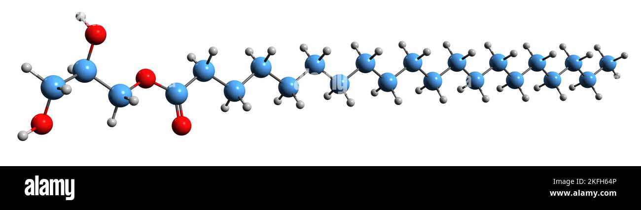 3D immagine di glicerolo monostearato formula scheletrica - struttura chimica molecolare di diidrossipropil ottadecanoato isolato su sfondo bianco Foto Stock