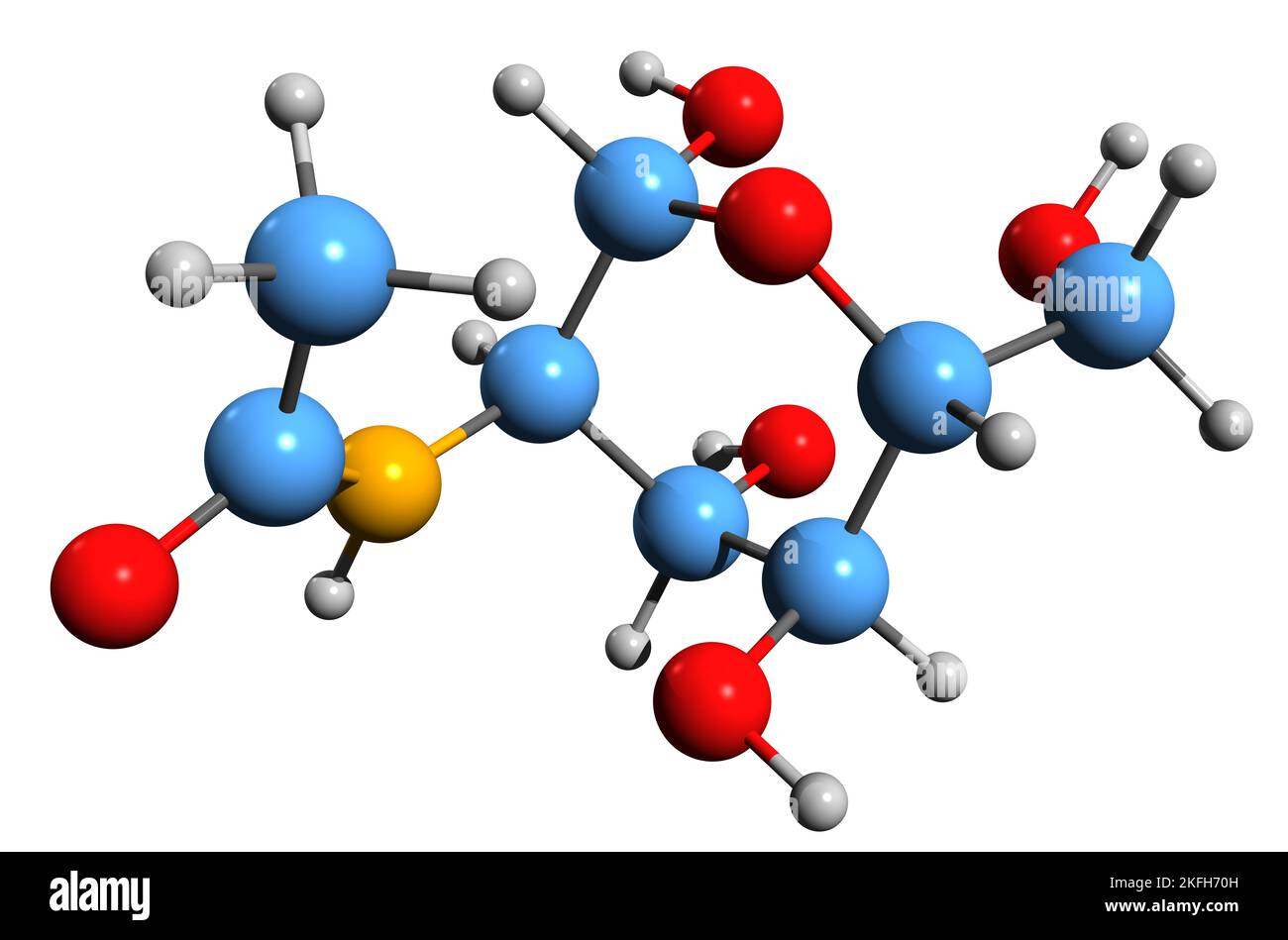 3D immagine della formula scheletrica della glucosamina - struttura chimica molecolare dello zucchero amminico 2-ammino-2-deossi-glucosio isolato su sfondo bianco Foto Stock