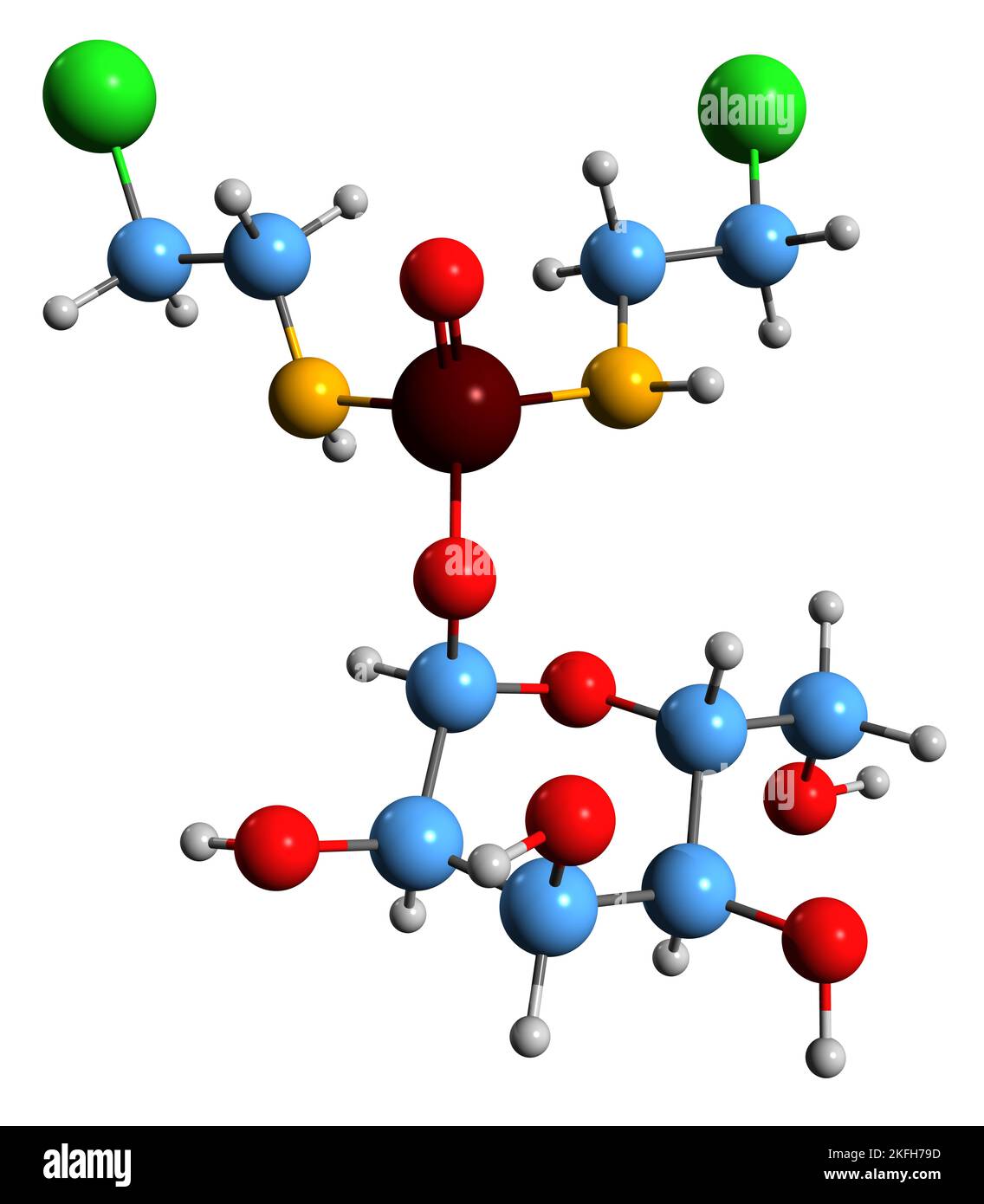 3D immagine di Glufosfammide formula scheletrica - struttura chimica molecolare del glufosfammide isolato su sfondo bianco Foto Stock