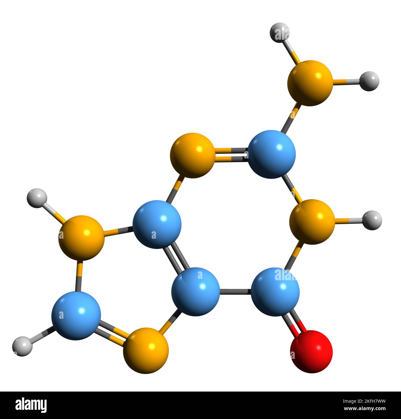 3D immagine della formula scheletrica guanina - struttura chimica molecolare della nucleobasi 2-amminoipoxantina isolata su sfondo bianco Foto Stock