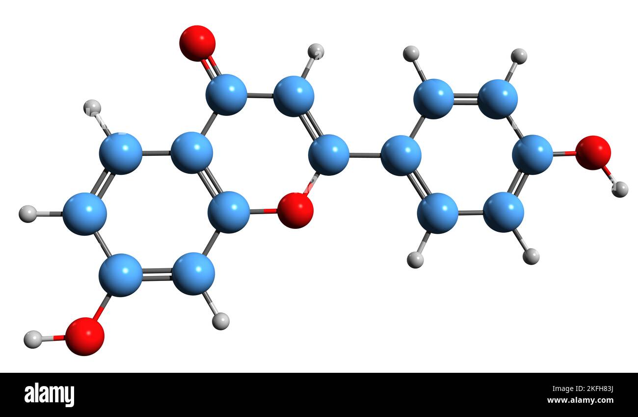 3D immagine della formula scheletrica della Daidzeina - struttura chimica molecolare dell'isoaurostatina isolata su sfondo bianco Foto Stock