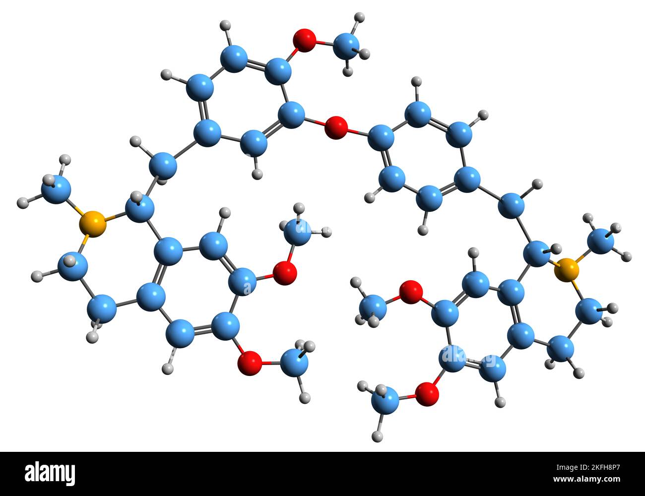 3D immagine di Dauricina formula scheletrica - struttura chimica molecolare del metabolita vegetale isochinolina alcaloide isolato su sfondo bianco Foto Stock