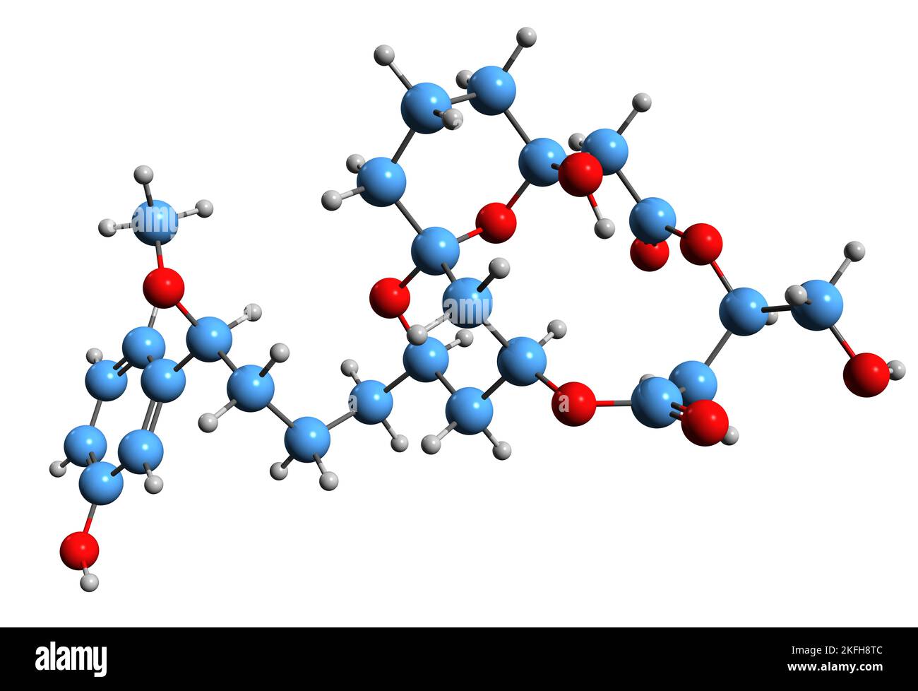 3D immagine di Debromoaplysiatoxin formula scheletrica - struttura chimica molecolare di Lyngbya majuscula tossico agente isolato su sfondo bianco Foto Stock