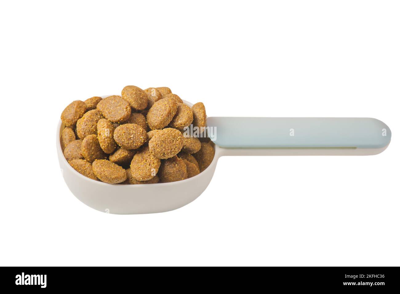 Cucchiaio con mangime secco per animali, animali domestici. Cat o cane cibo alimentazione equilibrata isolato su bianco. Foto Stock
