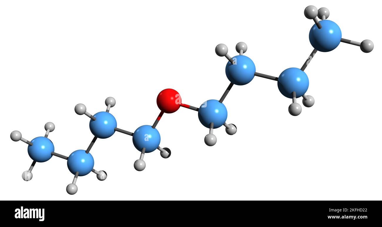 3D immagine della formula scheletrica di dibutil etere - struttura chimica molecolare del 1-butossibutano isolato su sfondo bianco Foto Stock