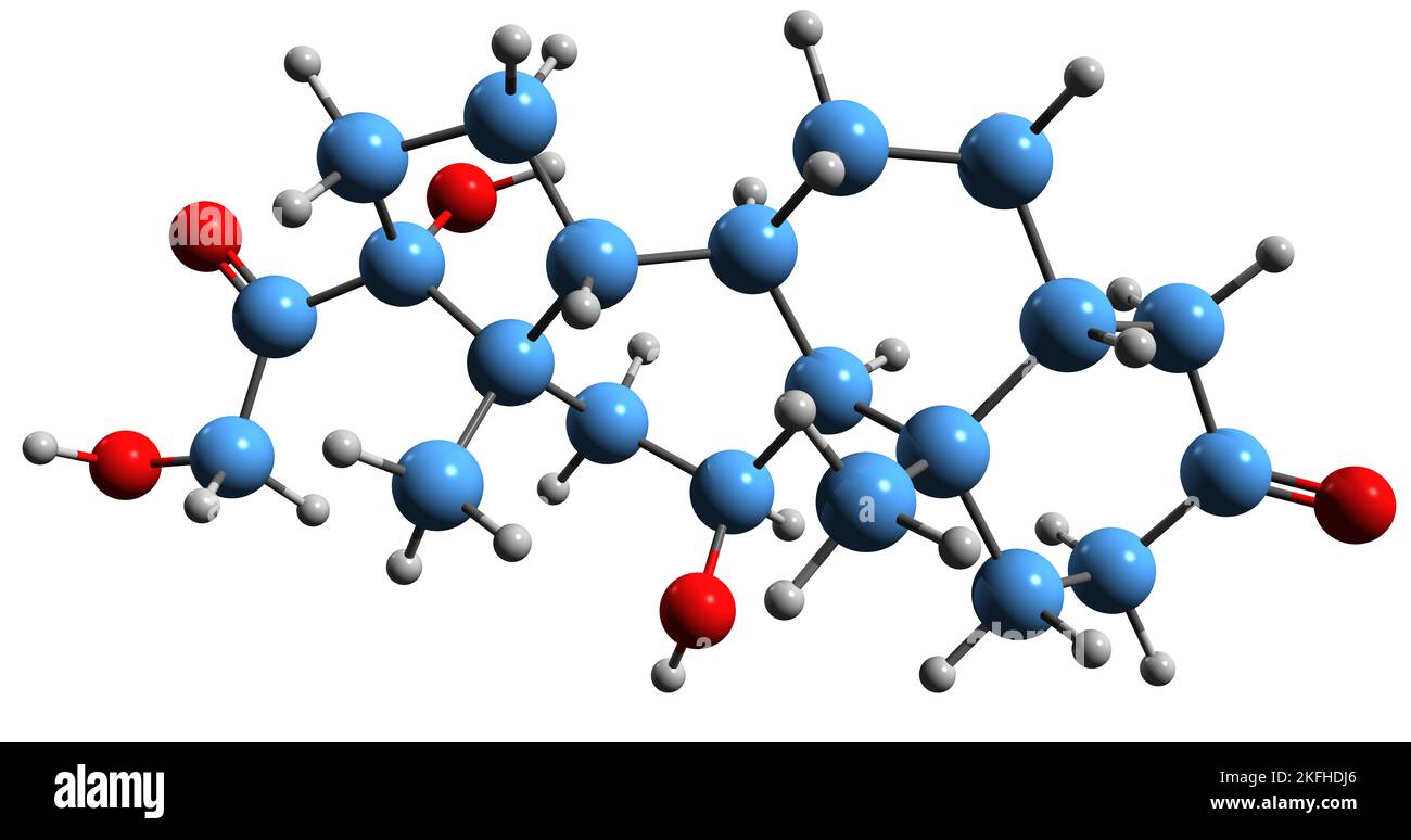 3D immagine della formula scheletrica del Diidrocortisolo - struttura chimica molecolare dell'idrostano isolato su sfondo bianco Foto Stock