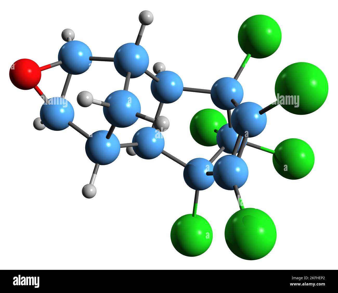 3D immagine di Dieldrin formula scheletrica - struttura chimica molecolare di organocloruro HEOD isolato su sfondo bianco Foto Stock