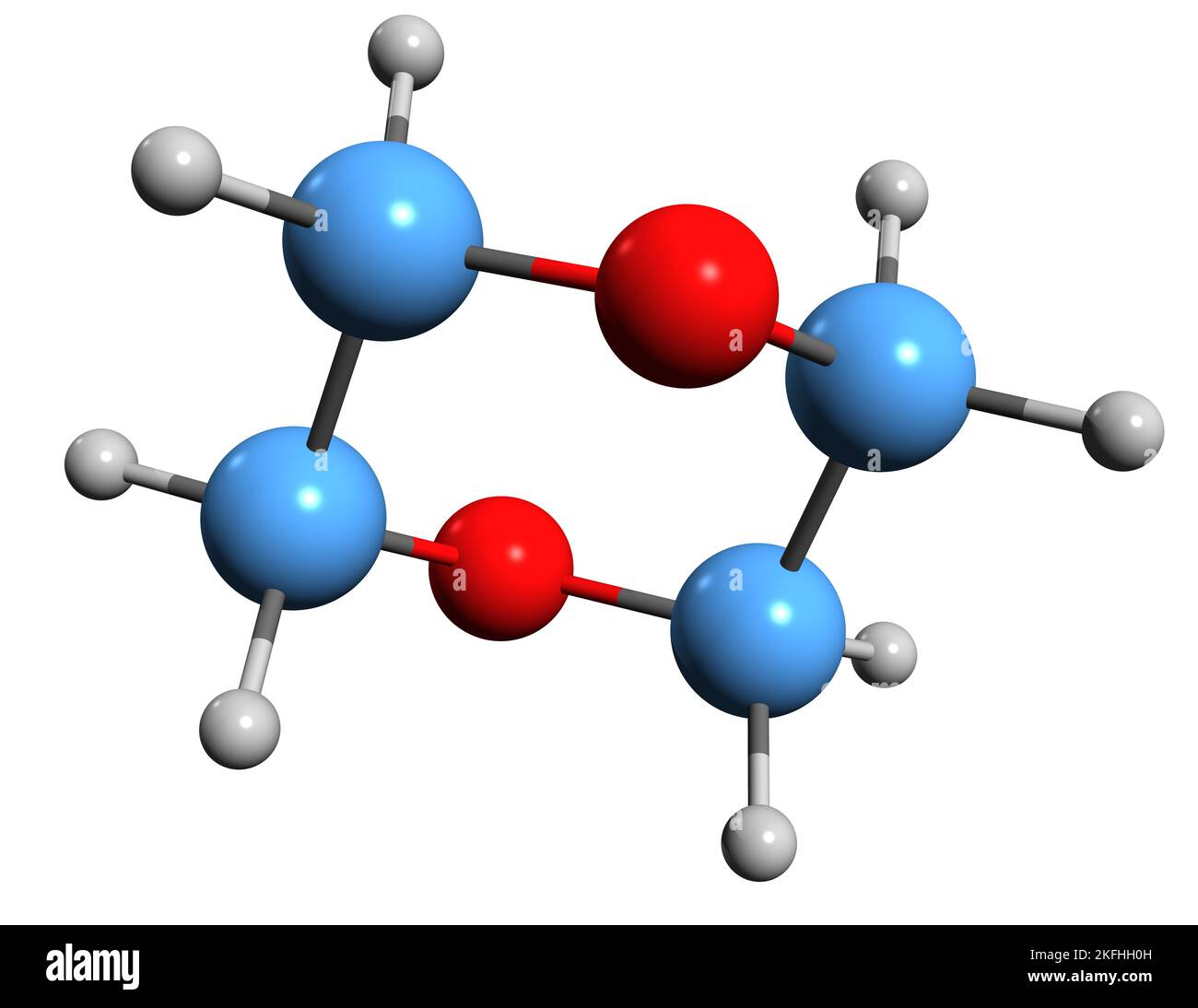 3D immagine della formula scheletrica del diossano - struttura chimica molecolare del dietilene diossido isolato su sfondo bianco Foto Stock