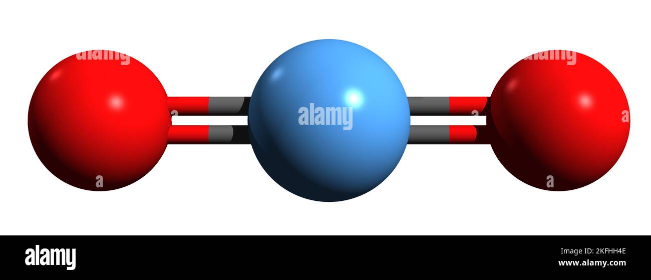 3D immagine di anidride carbonica formula scheletrica - struttura chimica molecolare del gas di acido carbonico isolato su sfondo bianco Foto Stock