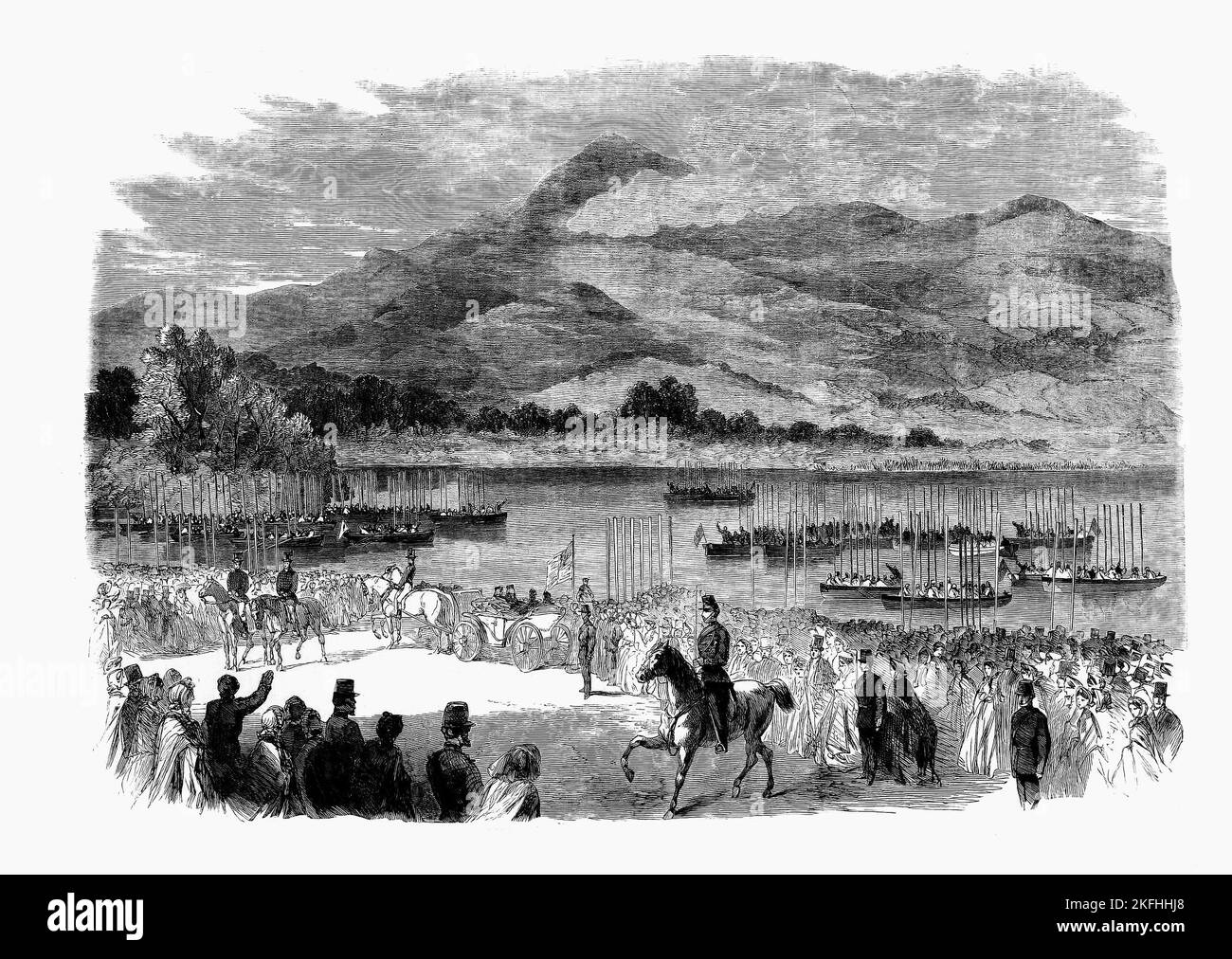Regina Vittoria al castello di Ross sulle rive del Lough Leane nel Parco Nazionale di Killarney (ora), County Kerry, Irlanda. La visita nel 1861 è stata la sua prima visita alla località e ha contribuito a mettere Killarney sulla mappa come una destinazione turistica. Foto Stock