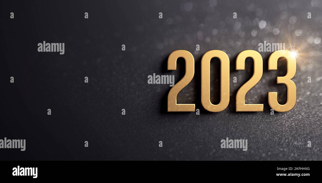 Biglietto di auguri per il nuovo anno 2023. Il numero della data è colorato in oro su uno sfondo nero scintillante Foto Stock