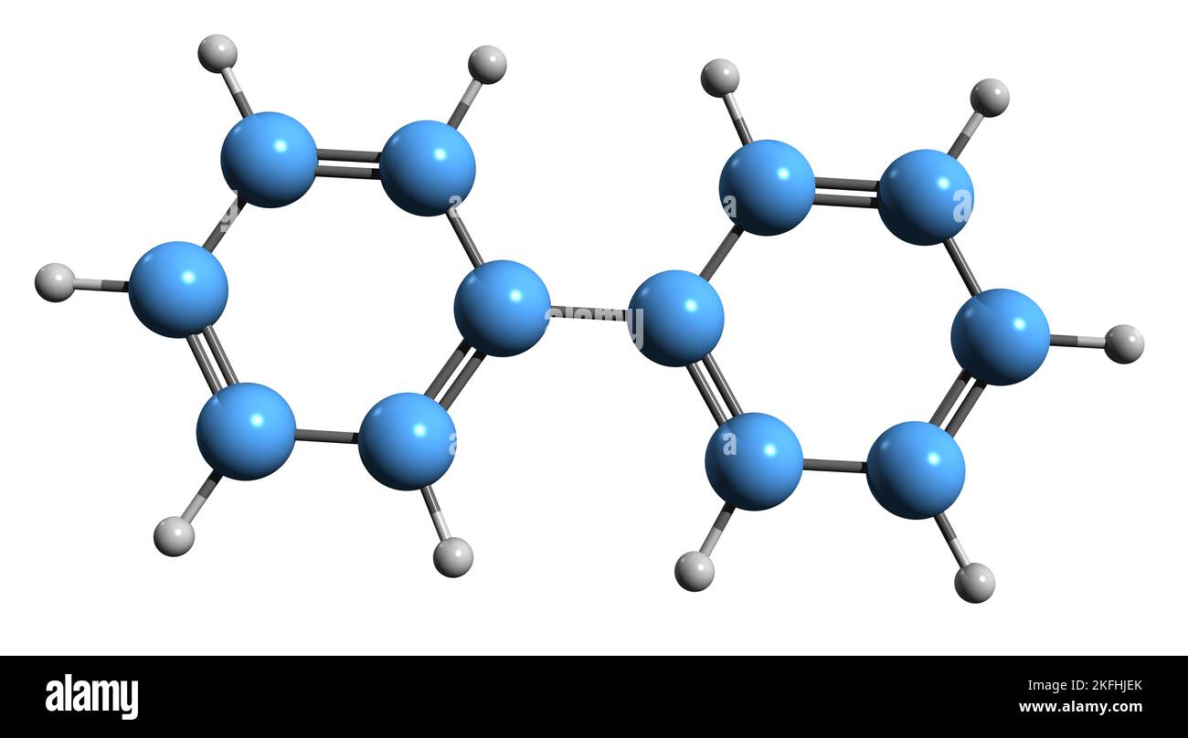 3D immagine della formula bifenil scheletrica - struttura chimica molecolare dell'idrocarburo aromatico fenilbenzene isolato su sfondo bianco Foto Stock