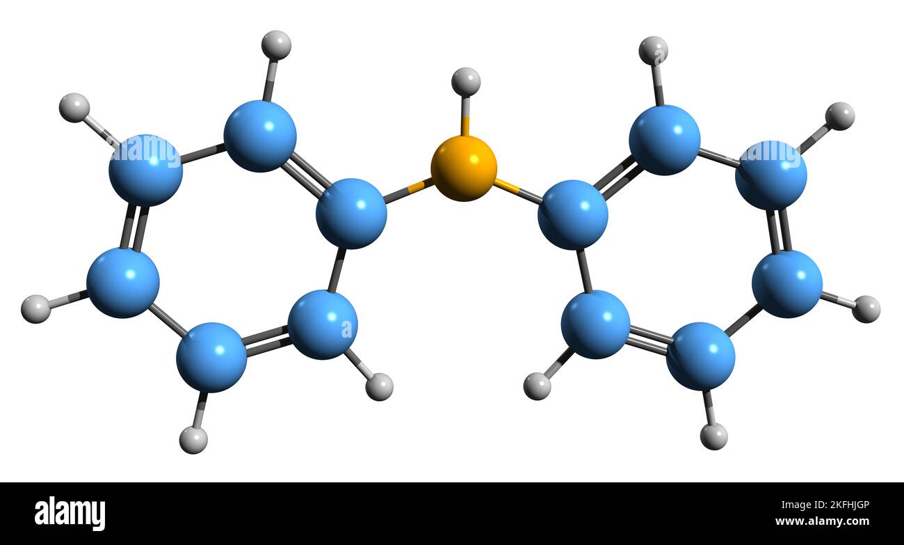 3D immagine della formula scheletrica difenilamminica - struttura chimica molecolare del difenilazano isolato su sfondo bianco Foto Stock