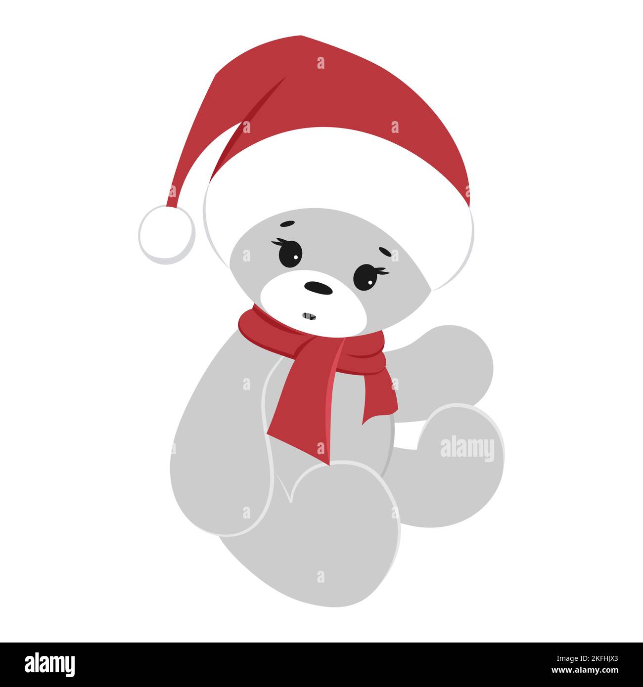 Un orsacchiotto seduto in un cappello di Babbo Natale. Clipart vettore di Natale. Illustrazione Vettoriale
