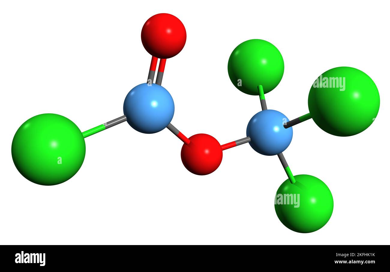 3D immagine di formula scheletrica difosgene - struttura chimica molecolare del triclorometil cloroformiato isolato su sfondo bianco Foto Stock