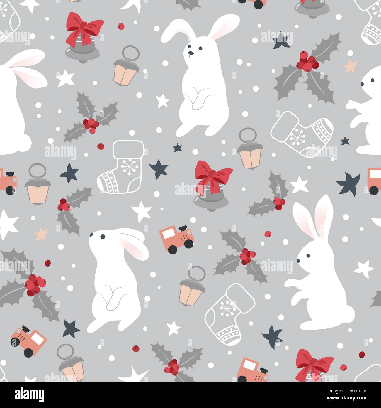 Cute modello di Natale con conigli bianchi, campane di Natale e giocattoli. Pattern vettoriale senza giunture. Illustrazione Vettoriale