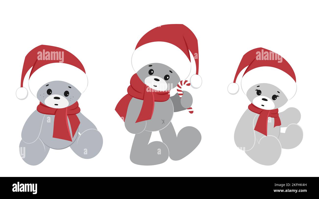 Un set di orsacchiotti in un cappello di Babbo Natale con un lecca in zampe isolate su uno sfondo bianco. Clipart vettore di Natale. Illustrazione Vettoriale