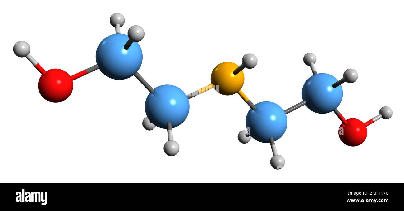 3D immagine della formula scheletrica di dietanolammina - struttura chimica molecolare dell'agente tampone diolammina isolata su sfondo bianco Foto Stock