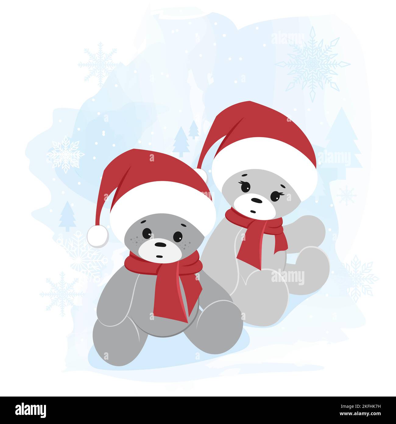 Due orsacchiotti in un cappello di Babbo Natale sullo sfondo invernale. Biglietto di auguri di Natale. Illustrazione Vettoriale