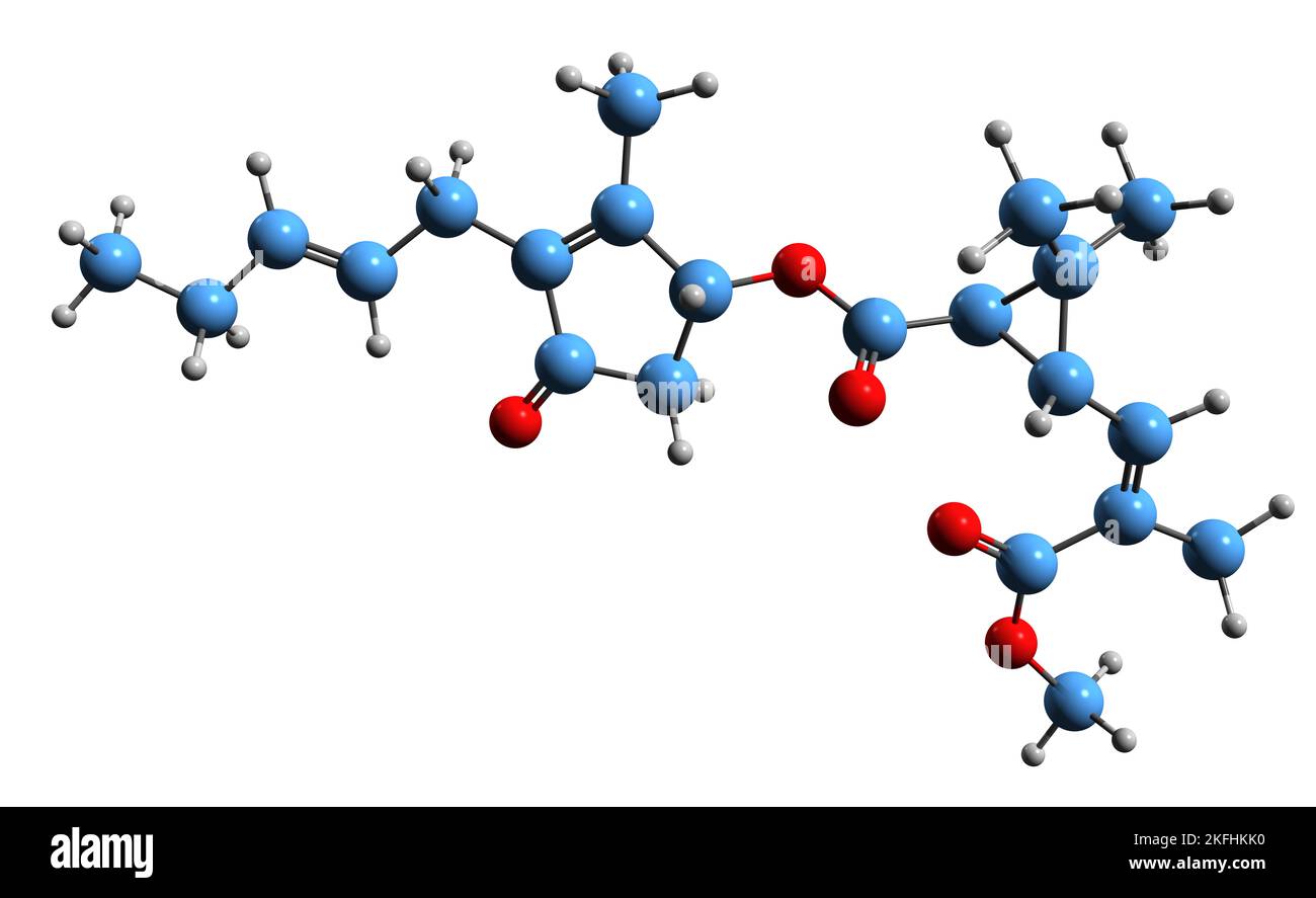 3D immagine di Jasmolin II formula scheletrica - struttura chimica molecolare di insetticida fitogenico isolato su sfondo bianco Foto Stock