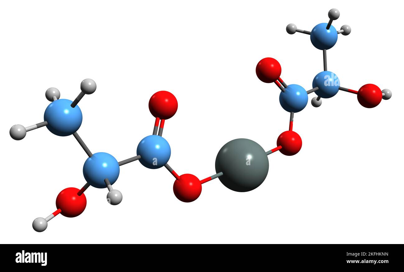 3D immagine del lattato di ferro II formula scheletrica - struttura chimica molecolare del lattato ferroso isolato su sfondo bianco Foto Stock