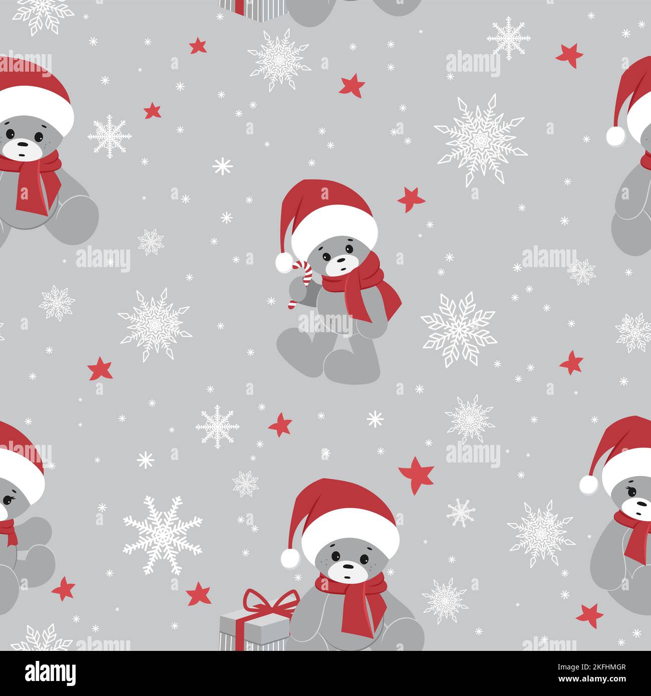 Simpatico modello natalizio con orsacchiotti in cappelli di Babbo Natale e fiocchi di neve. Pattern vettoriale senza giunture. È particolarmente adatto per l'avvolgimento di carta. Illustrazione Vettoriale