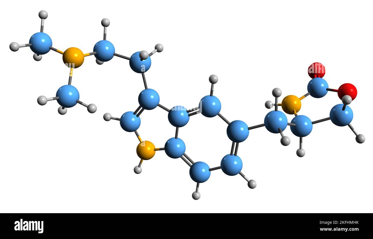3D immagine della formula scheletrica di zolmitriptan - struttura chimica molecolare del farmaco di emicrania isolato su sfondo bianco Foto Stock