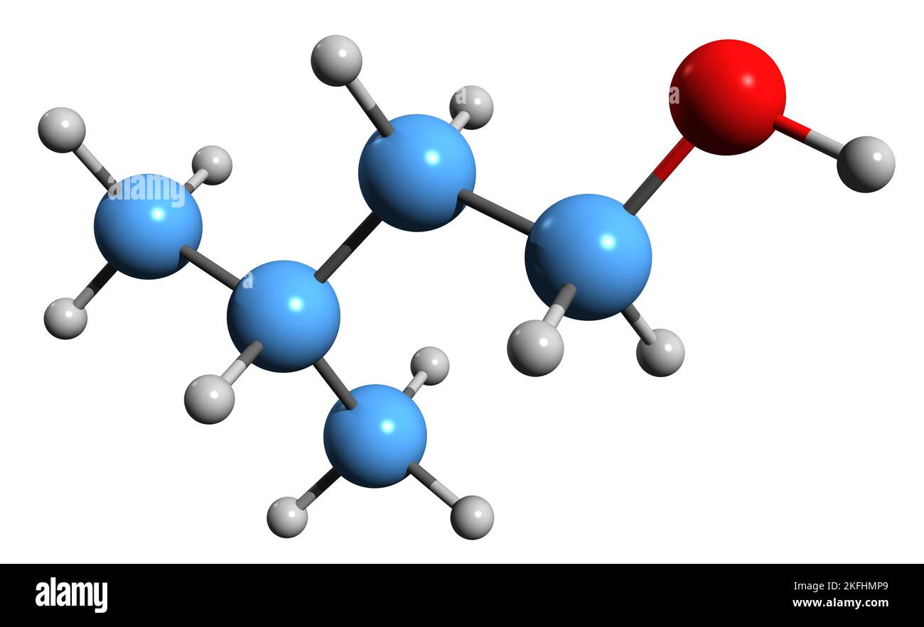 3D immagine della formula scheletrica dell'alcool Isoamilico - struttura chimica molecolare del 3-metil-1-butanolo isolato su sfondo bianco Foto Stock