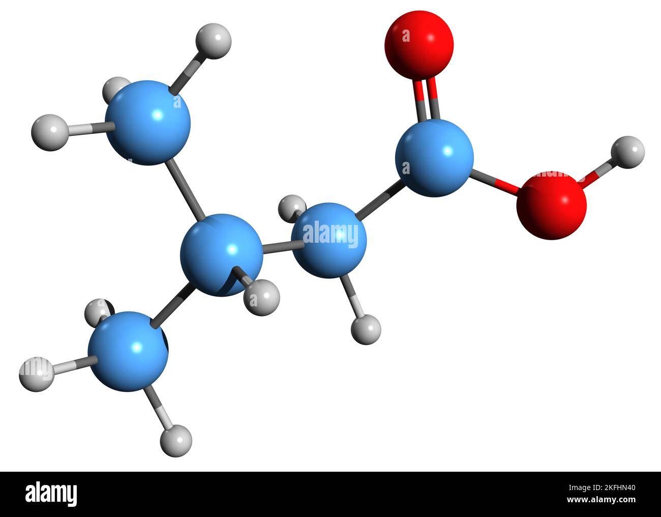 3D immagine della formula scheletrica dell'acido 3-metilbutanoico - struttura chimica molecolare dell'acido Delfinico isolato su sfondo bianco Foto Stock